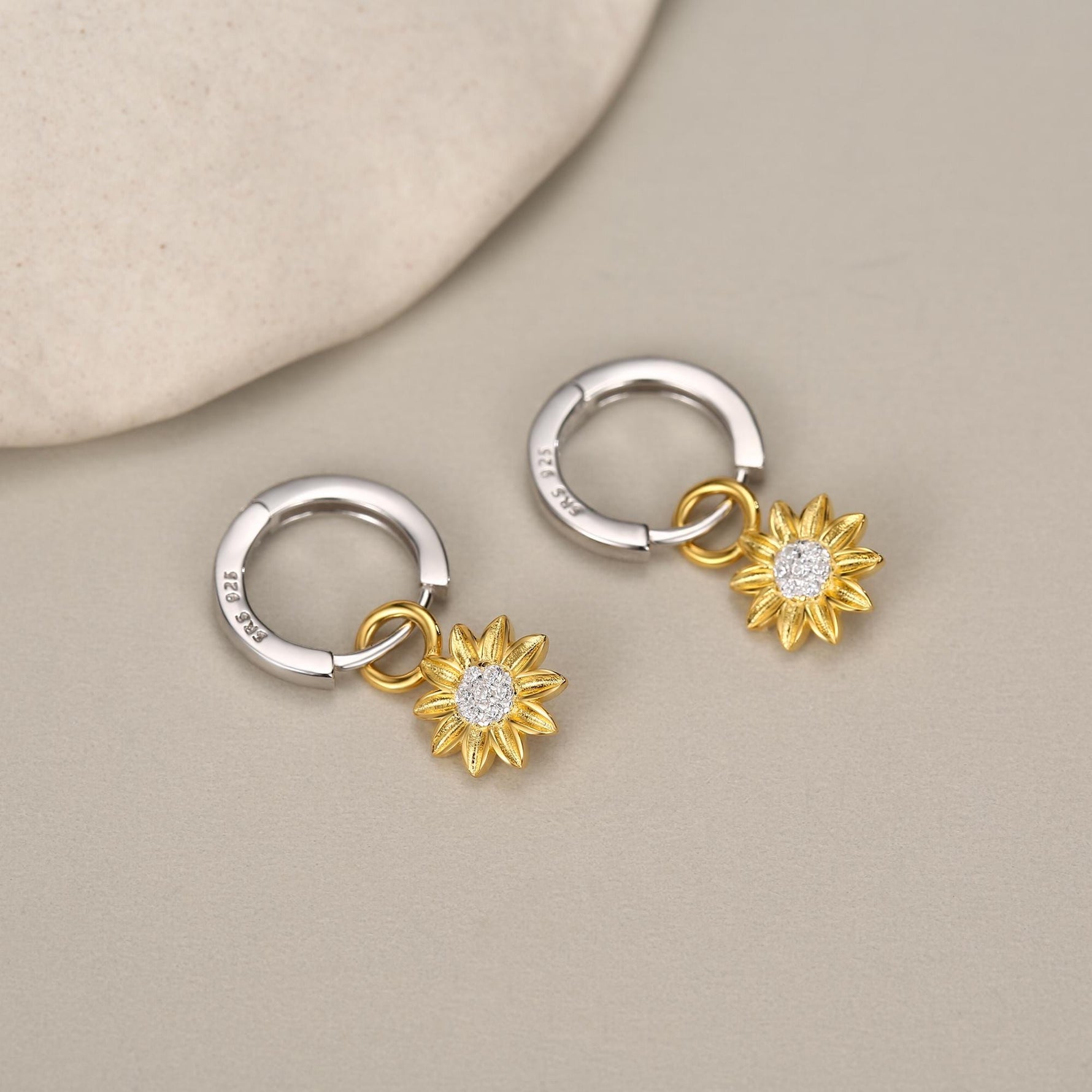 Sterling Silver Sunflower Huggie Hoops, Dainty Dangle Sunflower Earrings, Flower Hoops, Detachable and Interchangeable Hoops