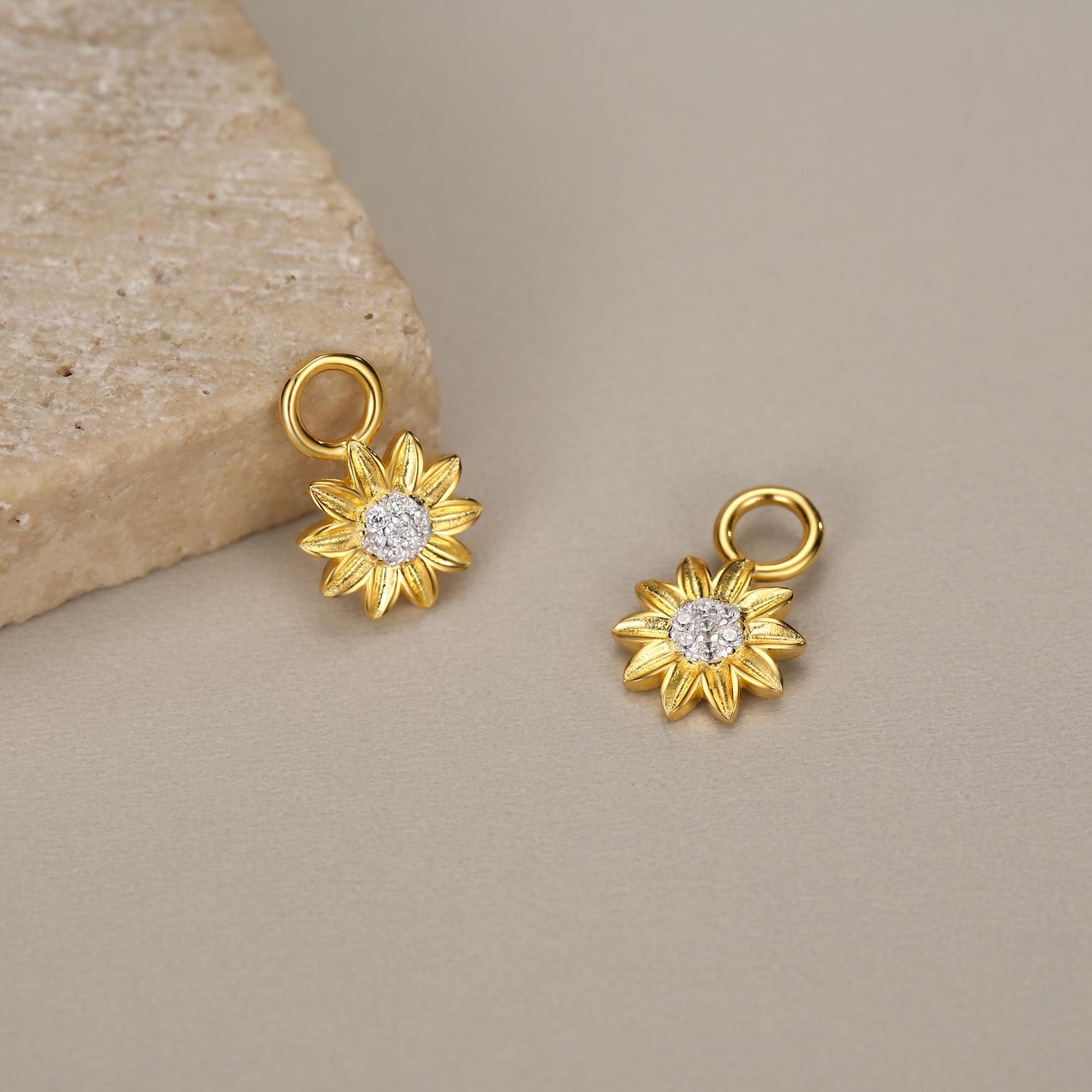 Sterling Silver Sunflower Huggie Hoops, Dainty Dangle Sunflower Earrings, Flower Hoops, Detachable and Interchangeable Hoops