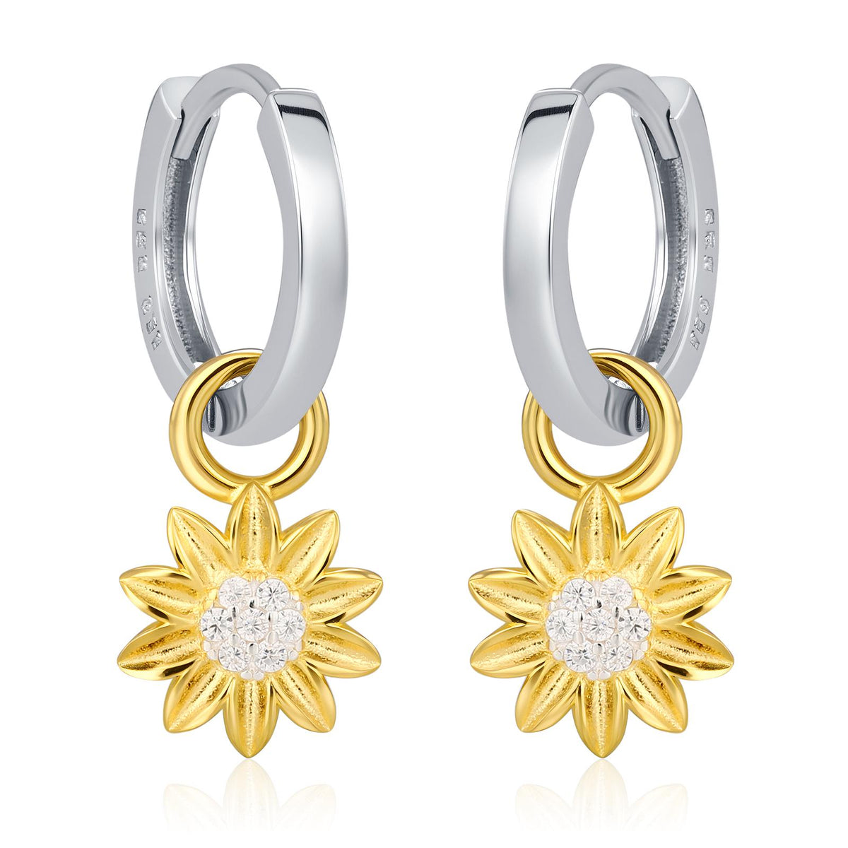 Sterling Silver Sunflower Huggie Hoops, Dainty Dangle Sunflower Earrings, Flower Hoops, Detachable and Interchangeable Hoops