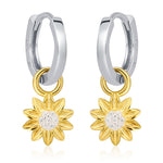 Sterling Silver Sunflower Huggie Hoops, Dainty Dangle Sunflower Earrings, Flower Hoops, Detachable and Interchangeable Hoops