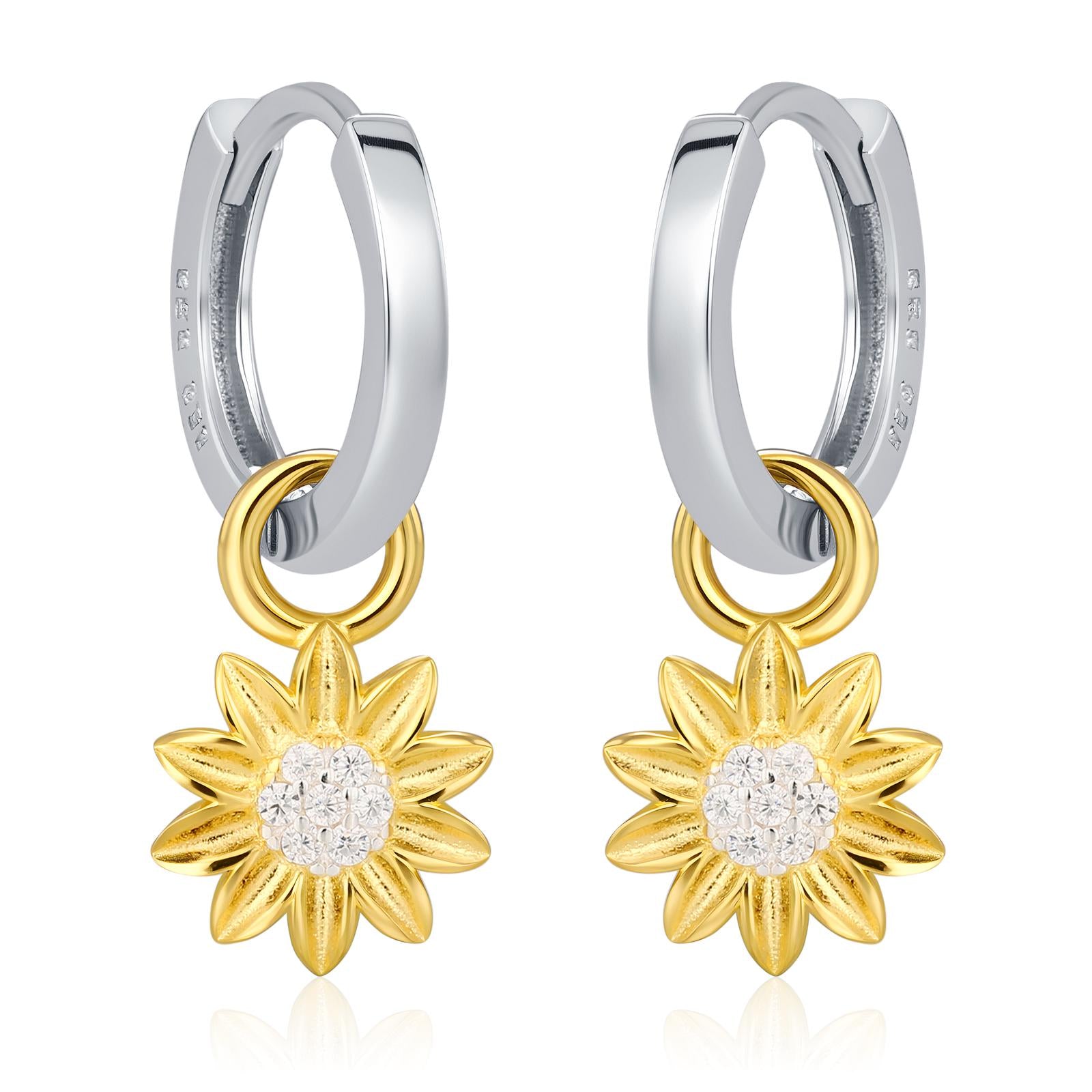 Sterling Silver Sunflower Huggie Hoops, Dainty Dangle Sunflower Earrings, Flower Hoops, Detachable and Interchangeable Hoops