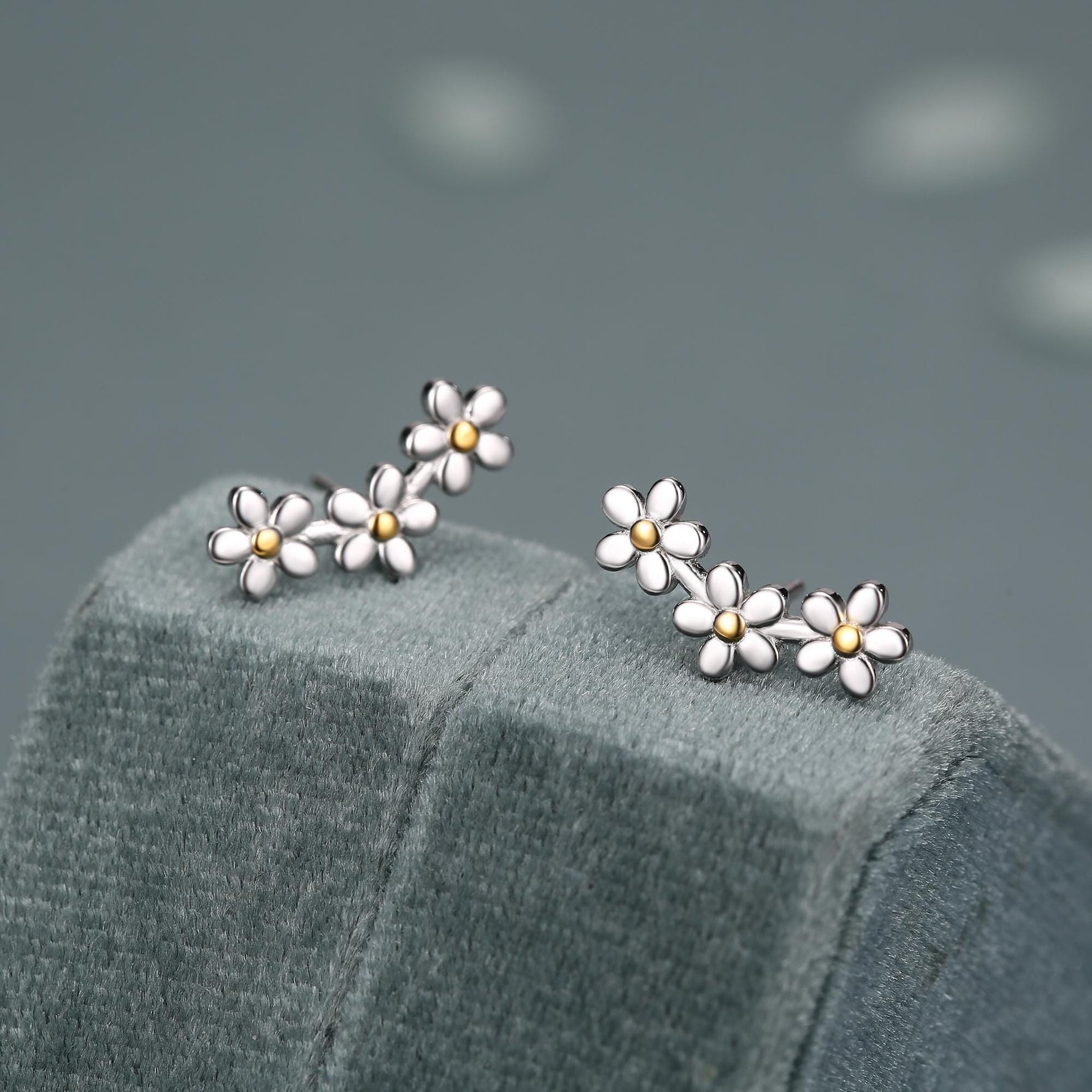 Forget-me-not Flower Stud Earrings in Sterling Silver, Three Flower Bouquet Earrings, Triple Daisy Flower Cluster Earrings