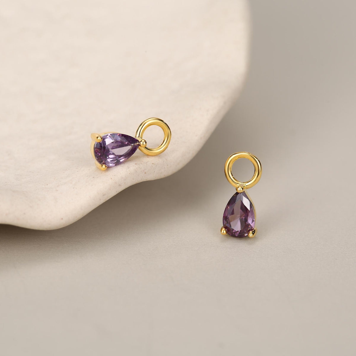 Sterling Silver Amethyst Purple CZ Droplet Hoop Earrings, Silver, Gold or Rose Gold, Pear Cut Drop Earrings, Interchangeable Charms