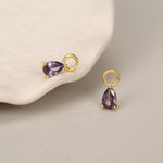 Sterling Silver Amethyst Purple CZ Droplet Hoop Earrings, Silver, Gold or Rose Gold, Pear Cut Drop Earrings, Interchangeable Charms