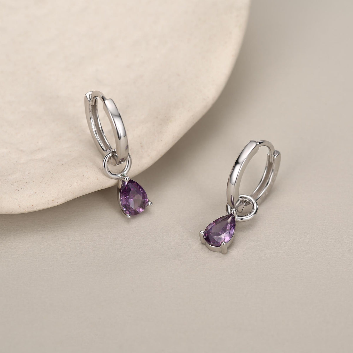 Sterling Silver Amethyst Purple CZ Droplet Hoop Earrings, Silver, Gold or Rose Gold, Pear Cut Drop Earrings, Interchangeable Charms
