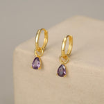 Sterling Silver Amethyst Purple CZ Droplet Hoop Earrings, Silver, Gold or Rose Gold, Pear Cut Drop Earrings, Interchangeable Charms