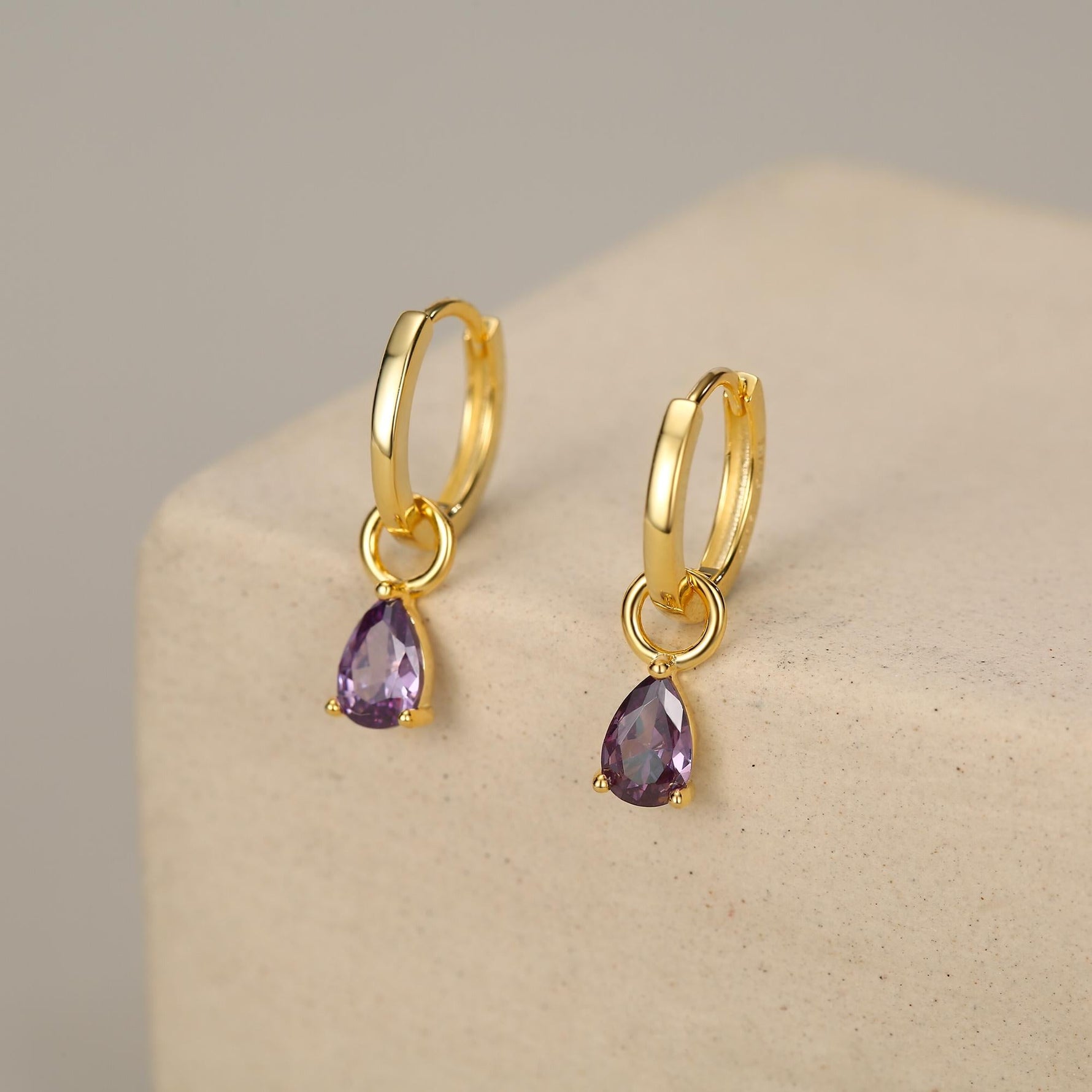 Sterling Silver Amethyst Purple CZ Droplet Hoop Earrings, Silver, Gold or Rose Gold, Pear Cut Drop Earrings, Interchangeable Charms