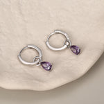 Sterling Silver Amethyst Purple CZ Droplet Hoop Earrings, Silver, Gold or Rose Gold, Pear Cut Drop Earrings, Interchangeable Charms