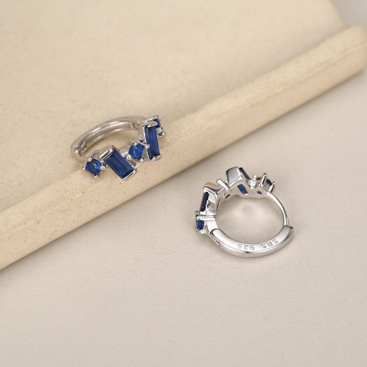Sapphire Blue Baguette CZ Cluster Huggie Hoop in Sterling Silver, Silver or Gold, Geometric Hoop Earrings, Irregular Shaped