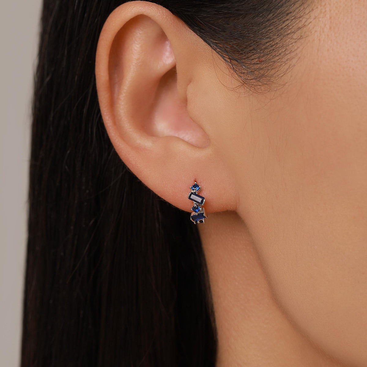 Sapphire Blue Baguette CZ Cluster Huggie Hoop in Sterling Silver, Silver or Gold, Geometric Hoop Earrings, Irregular Shaped