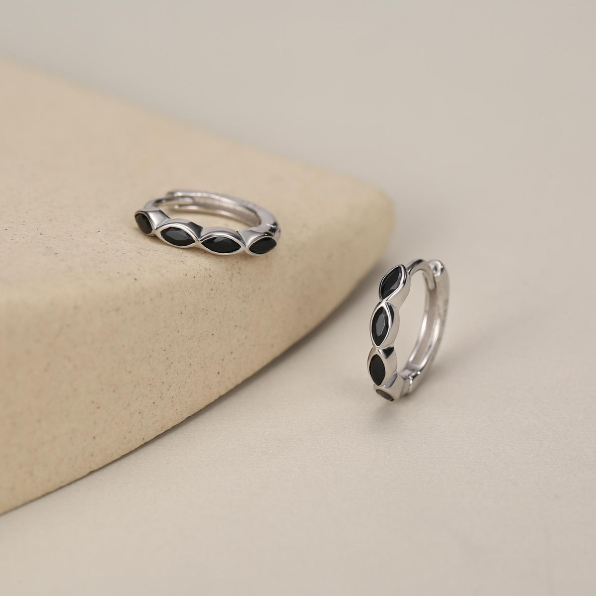 Black Marquise CZ Huggie Hoop in Sterling Silver, Silver or Gold, Minimalist Simple Black Hoop Earrings, Black Diamond Hoops