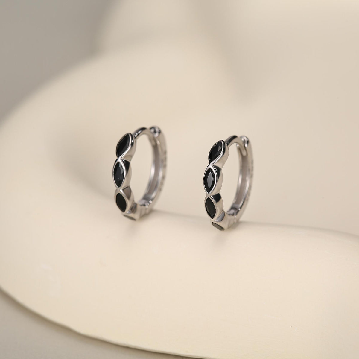 Black Marquise CZ Huggie Hoop in Sterling Silver, Silver or Gold, Minimalist Simple Black Hoop Earrings, Black Diamond Hoops