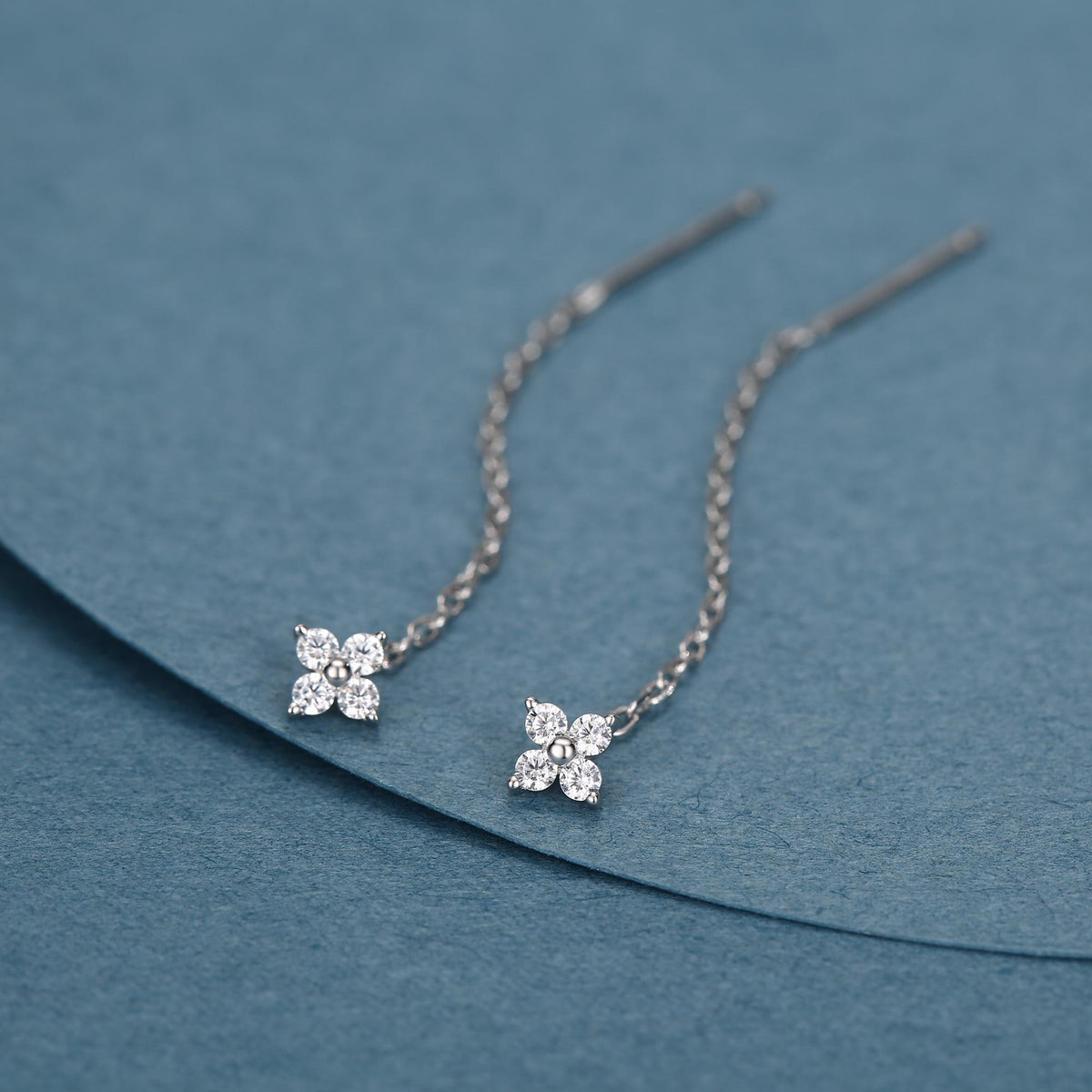 Hydrangea Flower CZ Threader Earrings in Sterling Silver, Silver or Gold, Four Dot Crystal Ear Threaders, Flower CZ Earrings
