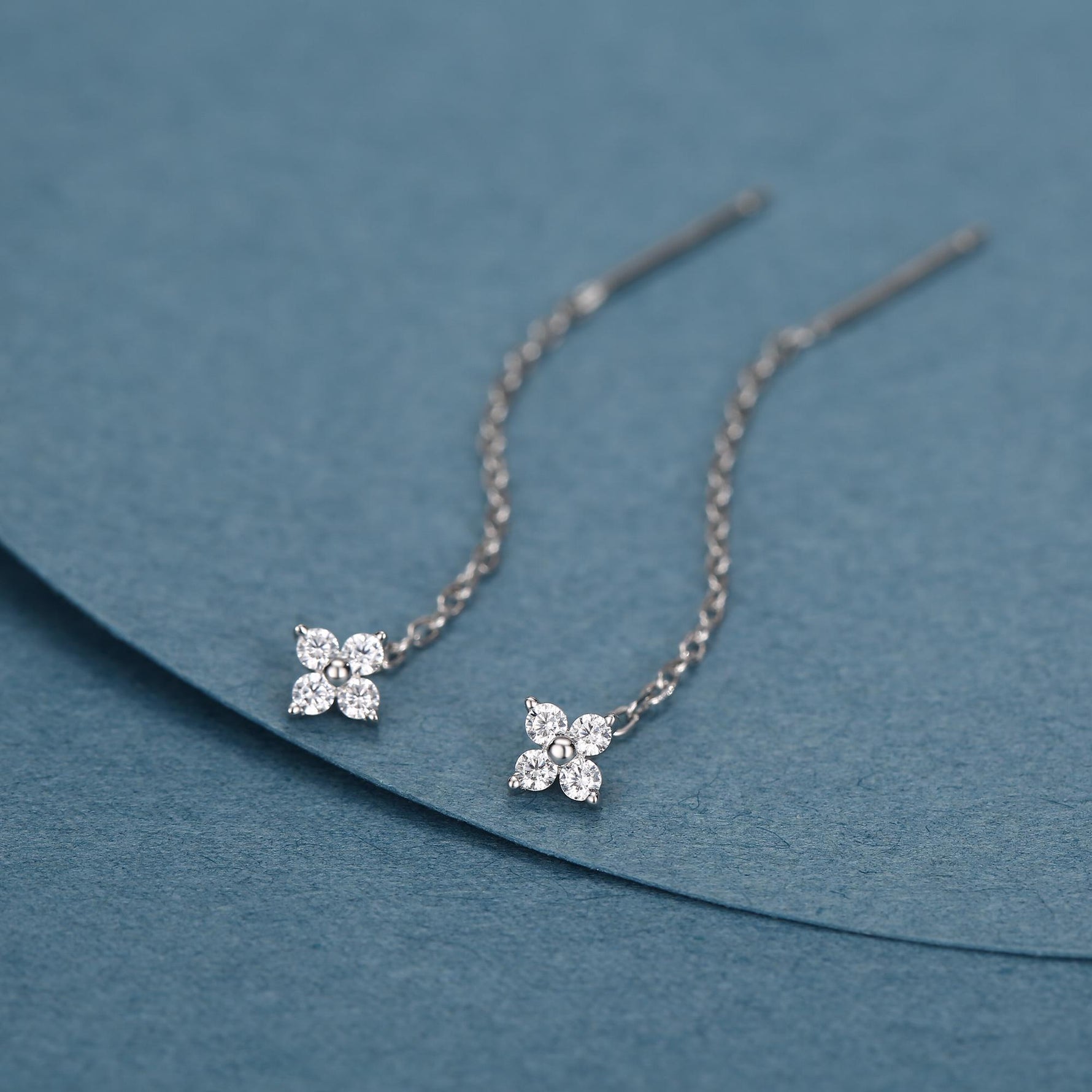 Hydrangea Flower CZ Threader Earrings in Sterling Silver, Silver or Gold, Four Dot Crystal Ear Threaders, Flower CZ Earrings