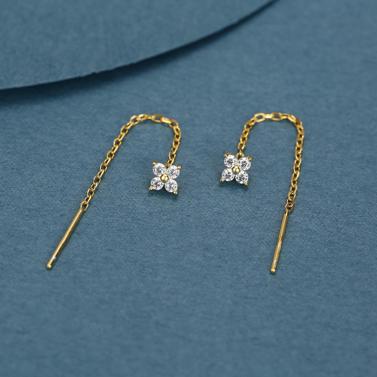 Hydrangea Flower CZ Threader Earrings in Sterling Silver, Silver or Gold, Four Dot Crystal Ear Threaders, Flower CZ Earrings