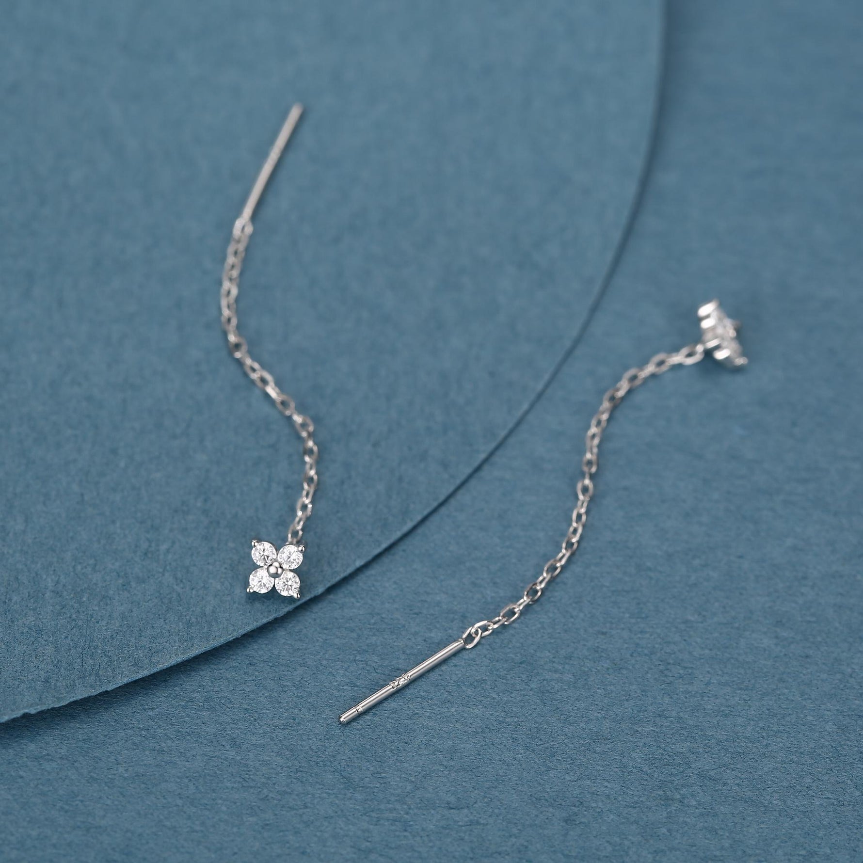 Hydrangea Flower CZ Threader Earrings in Sterling Silver, Silver or Gold, Four Dot Crystal Ear Threaders, Flower CZ Earrings