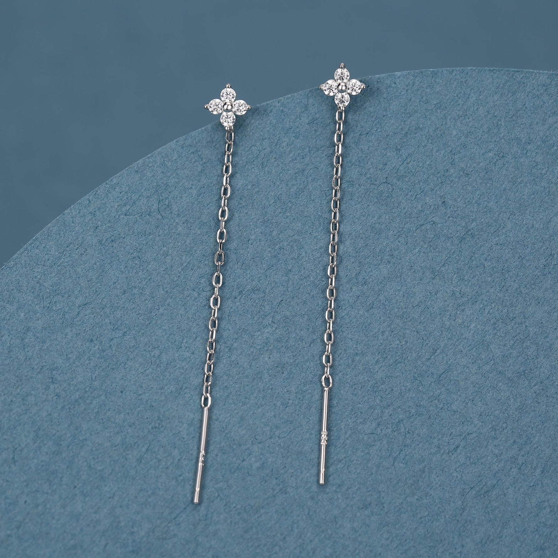 Hydrangea Flower CZ Threader Earrings in Sterling Silver, Silver or Gold, Four Dot Crystal Ear Threaders, Flower CZ Earrings