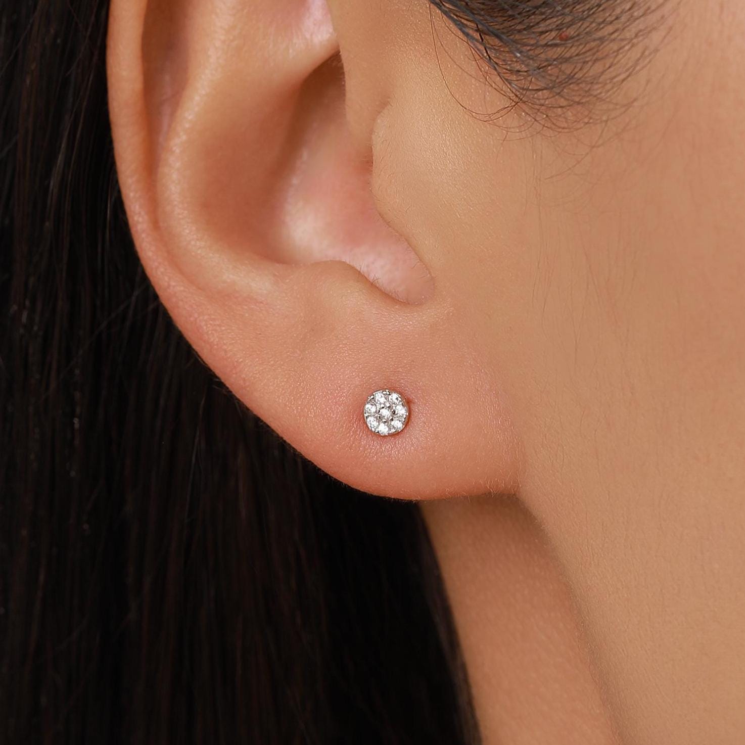 Extra Tiny Round Disk Stud Earrings in Sterling Silver, CZ Coin Earrings, Tiny Circle Stud, CZ Pave Coin Earrings, Silver or Gold