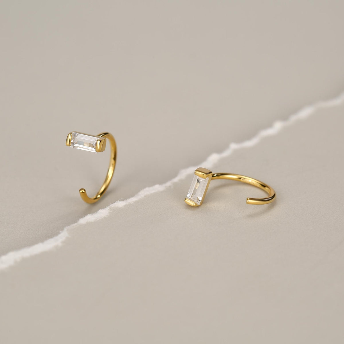 Horizontal Baguette Cut CZ Huggie Hoop Earrings in Sterling Silver, Silver or Gold, Open Hoops, Pull-Through Threader Earrings