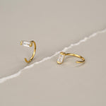Horizontal Baguette Cut CZ Huggie Hoop Earrings in Sterling Silver, Silver or Gold, Open Hoops, Pull-Through Threader Earrings
