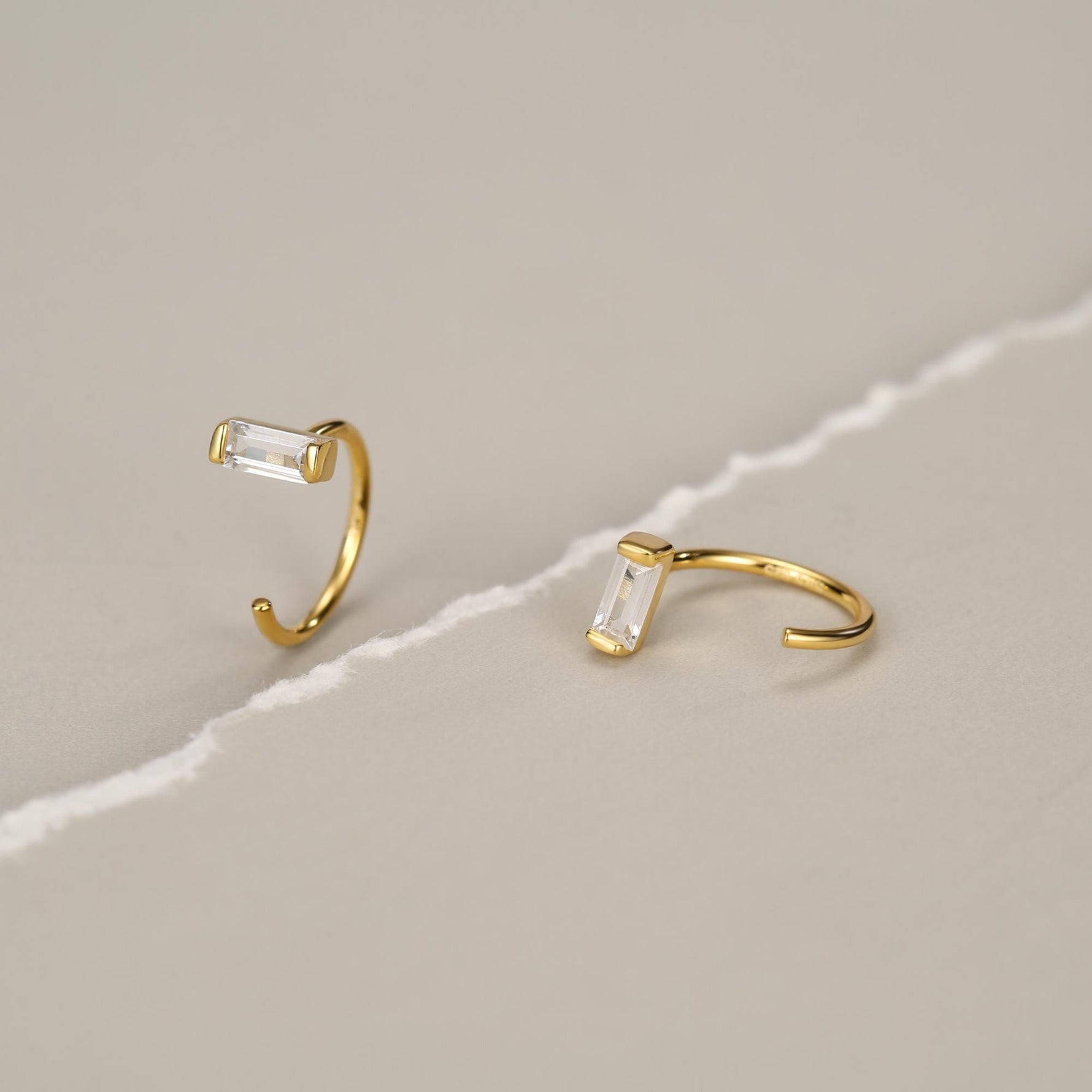 Horizontal Baguette Cut CZ Huggie Hoop Earrings in Sterling Silver, Silver or Gold, Open Hoops, Pull-Through Threader Earrings