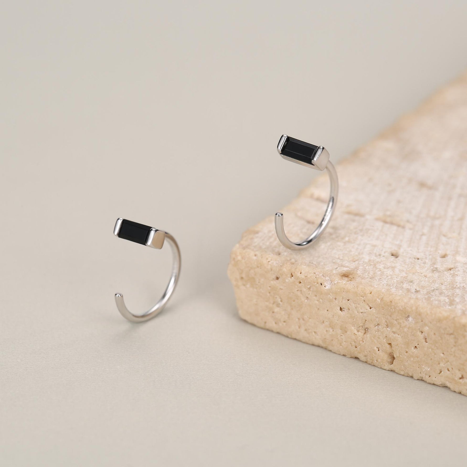 Black Baguette Cut CZ Huggie Hoop Earrings in Sterling Silver, Silver or Gold, Open Hoops, Pull-Through Threader Earrings,