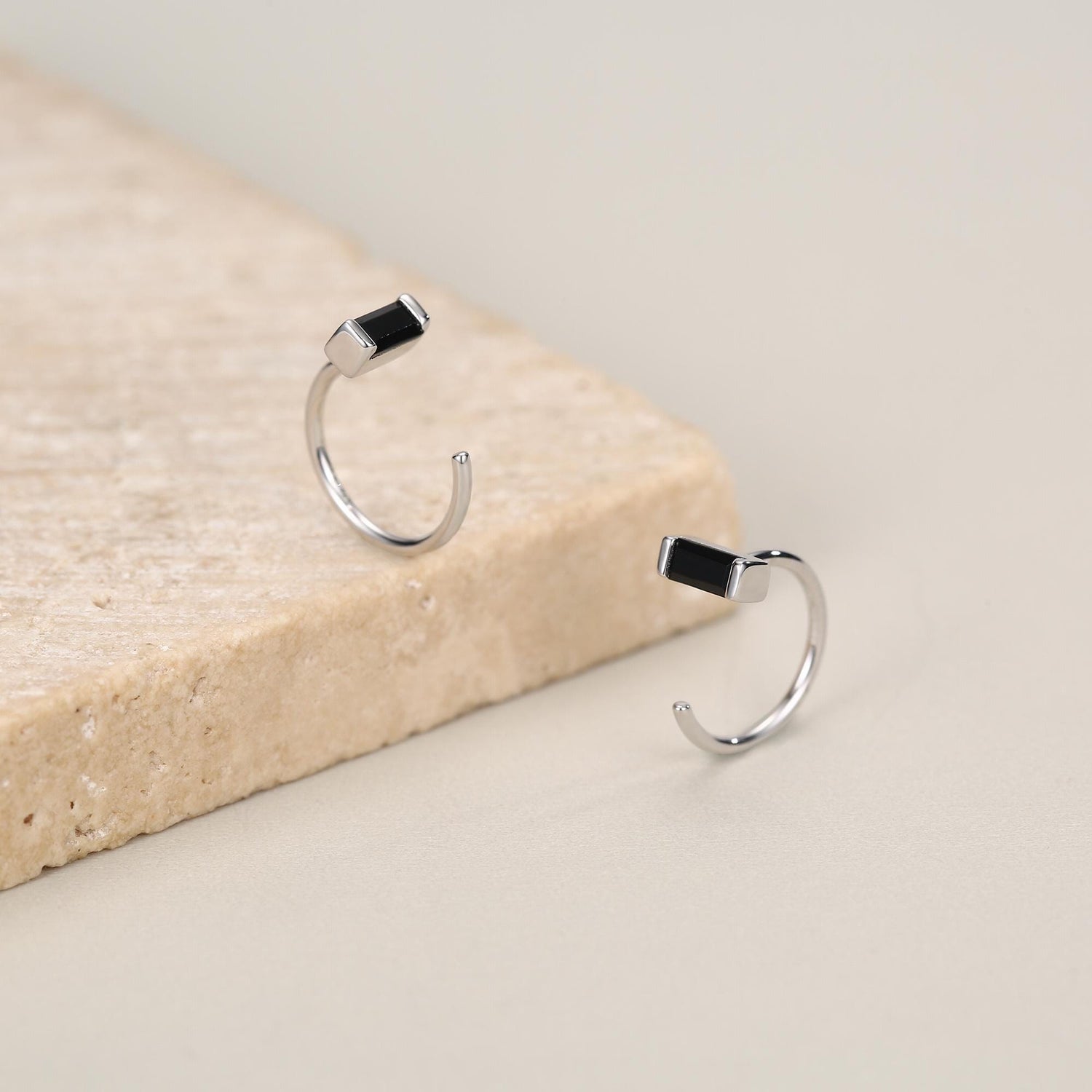 Black Baguette Cut CZ Huggie Hoop Earrings in Sterling Silver, Silver or Gold, Open Hoops, Pull-Through Threader Earrings,