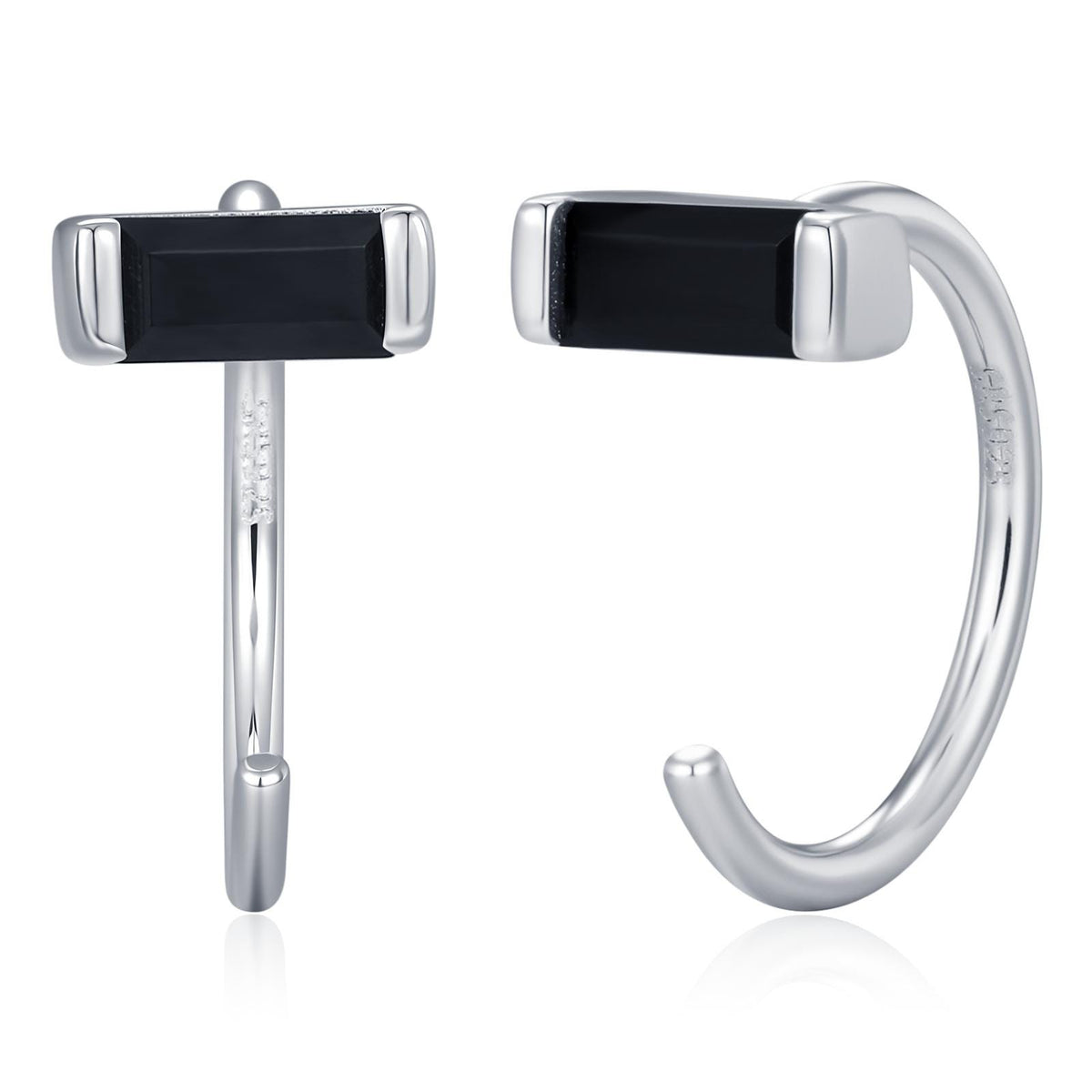 Black Baguette Cut CZ Huggie Hoop Earrings in Sterling Silver, Silver or Gold, Open Hoops, Pull-Through Threader Earrings,