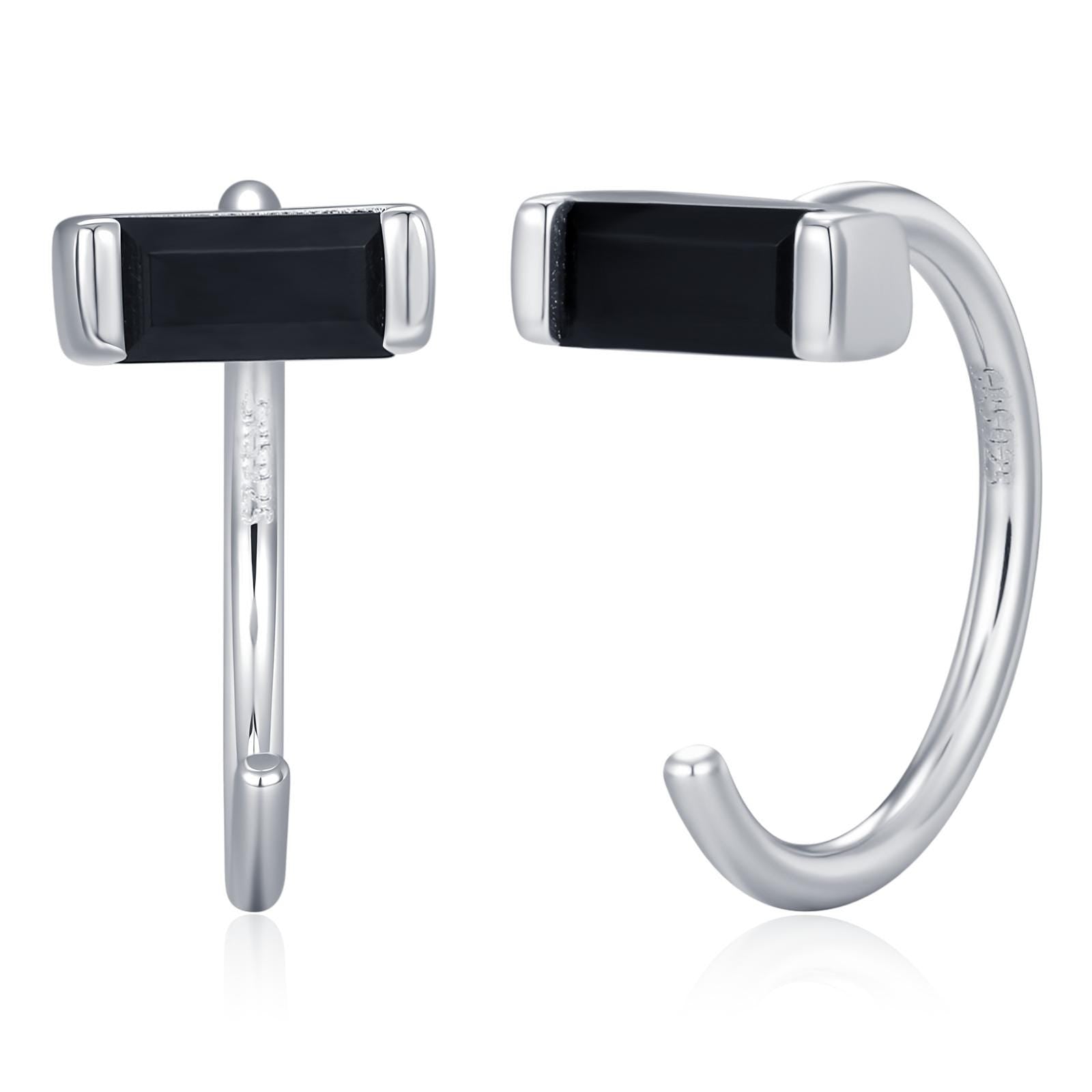 Black Baguette Cut CZ Huggie Hoop Earrings in Sterling Silver, Silver or Gold, Open Hoops, Pull-Through Threader Earrings,