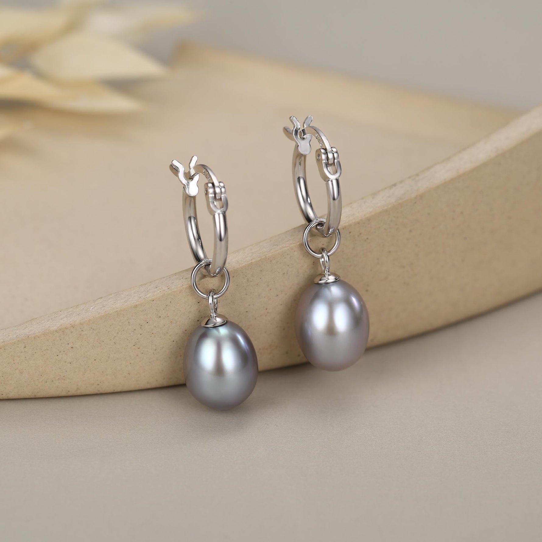 Natural Grey Freshwater Pearl Huggie Hoop Earrings in Sterling Silver