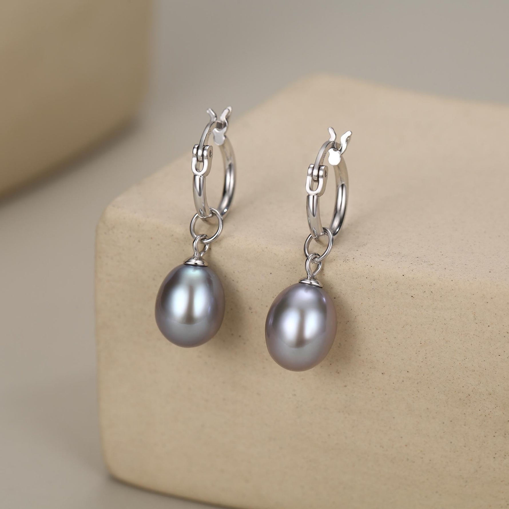 Natural Grey Freshwater Pearl Huggie Hoop Earrings in Sterling Silver