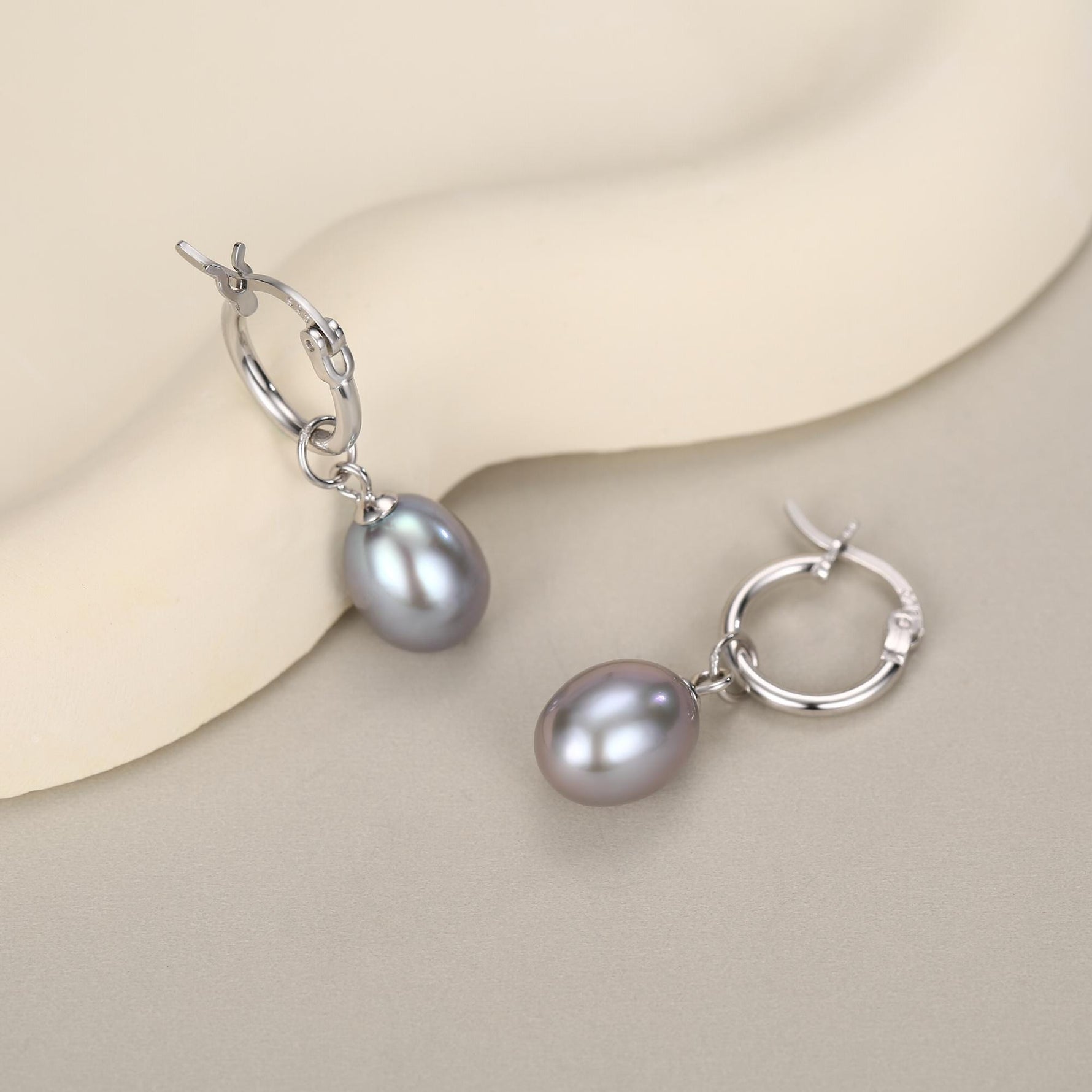 Natural Grey Freshwater Pearl Huggie Hoop Earrings in Sterling Silver