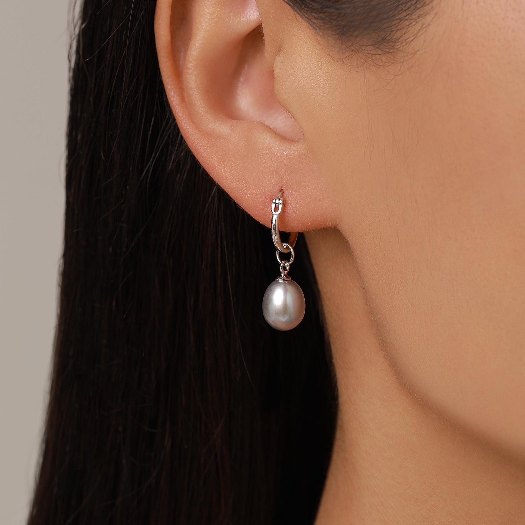 Natural Grey Freshwater Pearl Huggie Hoop Earrings in Sterling Silver