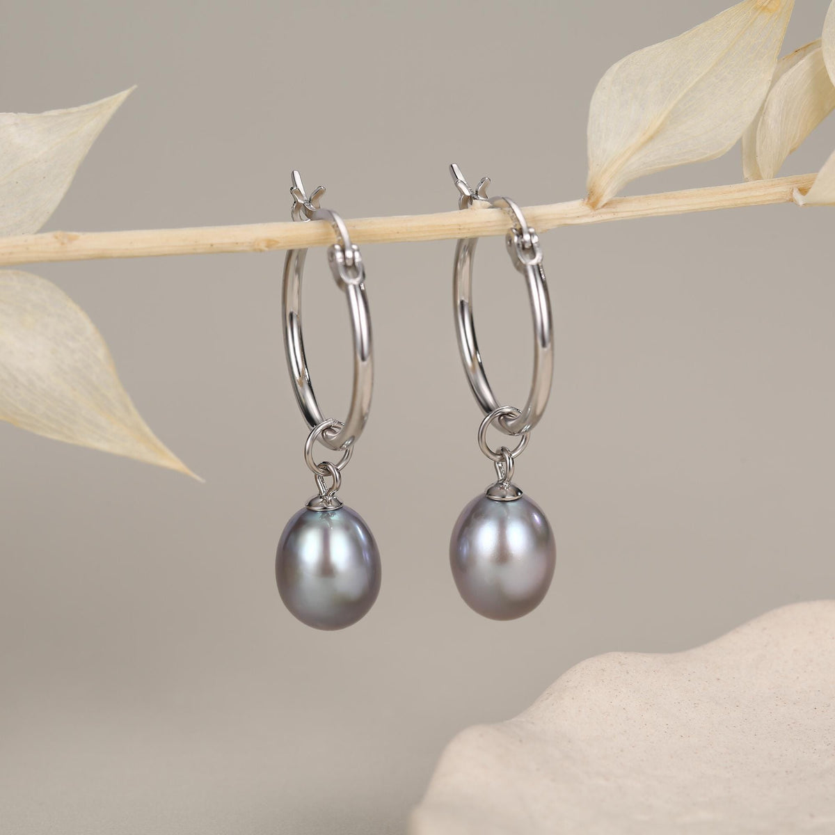 Natural Grey Freshwater Pearl Hoop Earrings in Sterling Silver