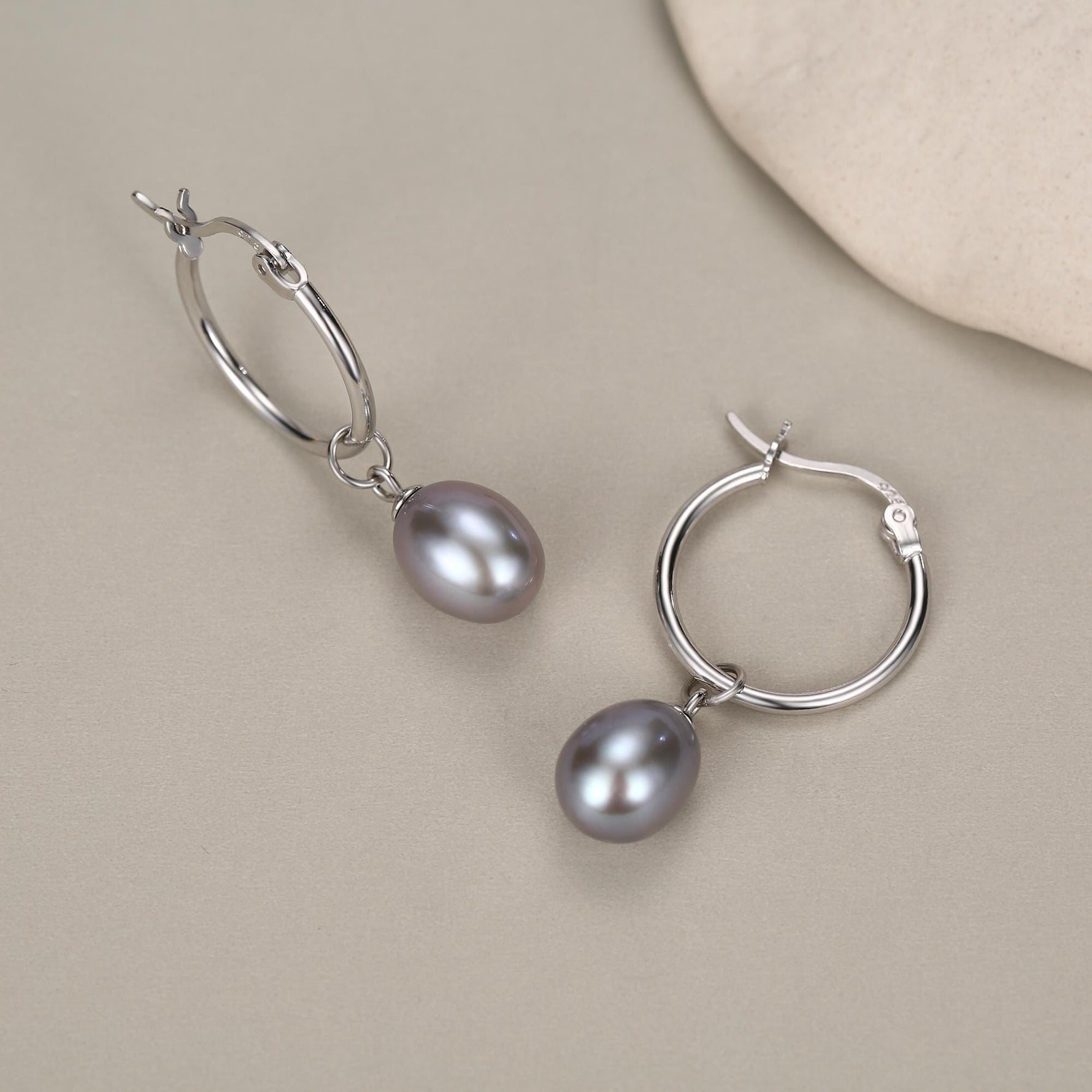 Natural Grey Freshwater Pearl Hoop Earrings in Sterling Silver
