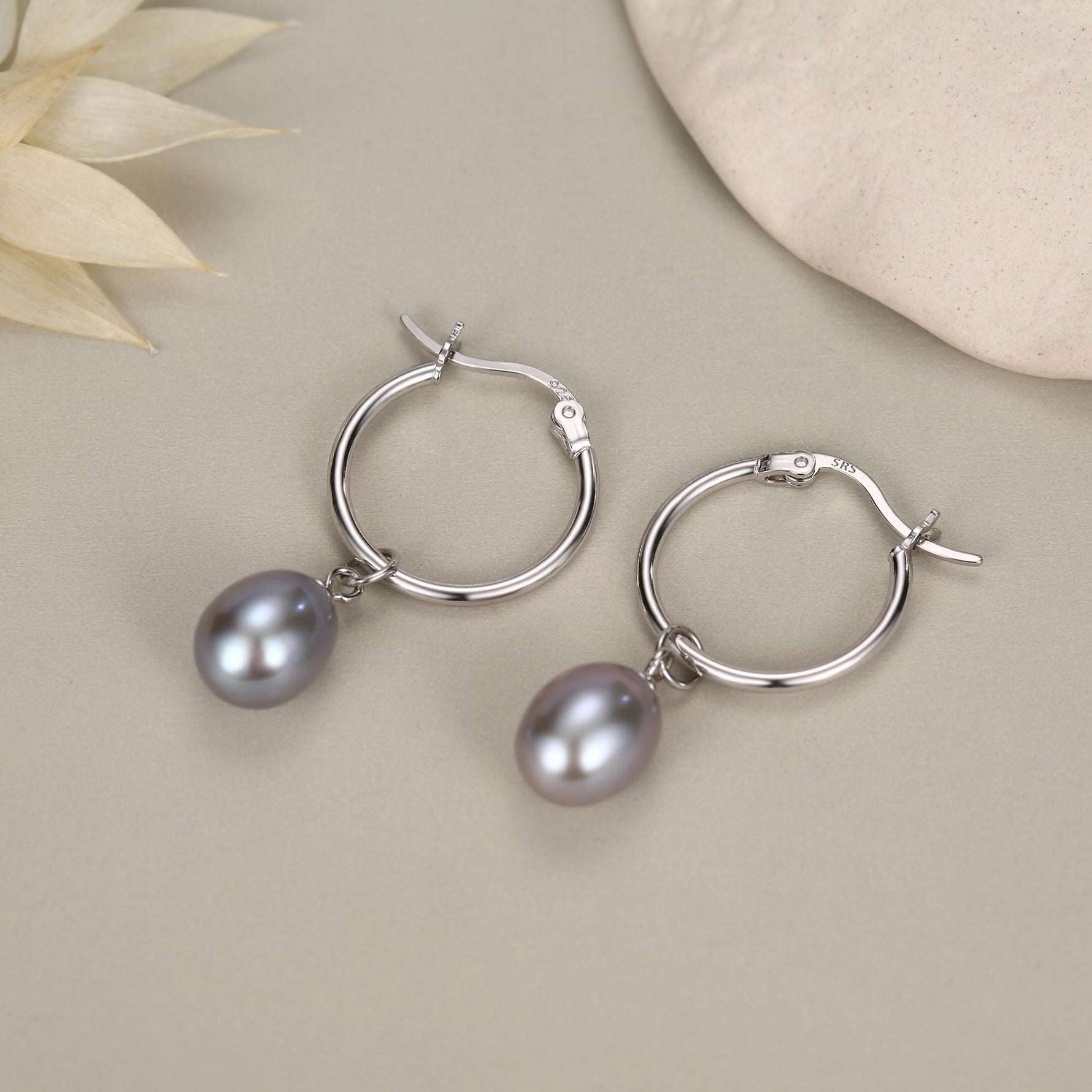 Natural Grey Freshwater Pearl Hoop Earrings in Sterling Silver