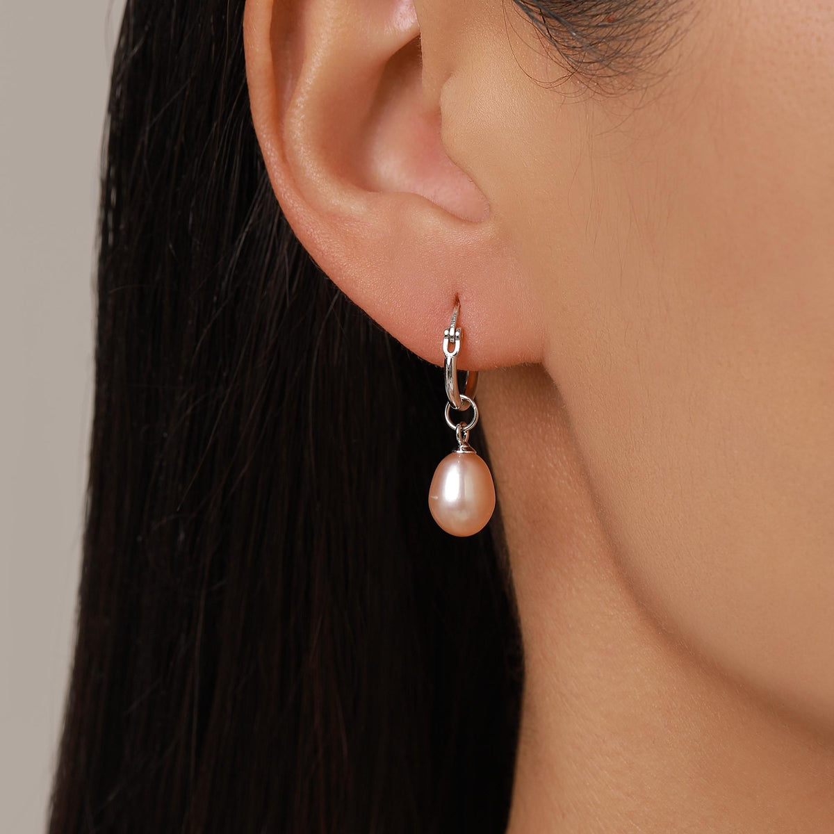Natural Pink Freshwater Pearl Huggie Hoop Earrings in Sterling Silver