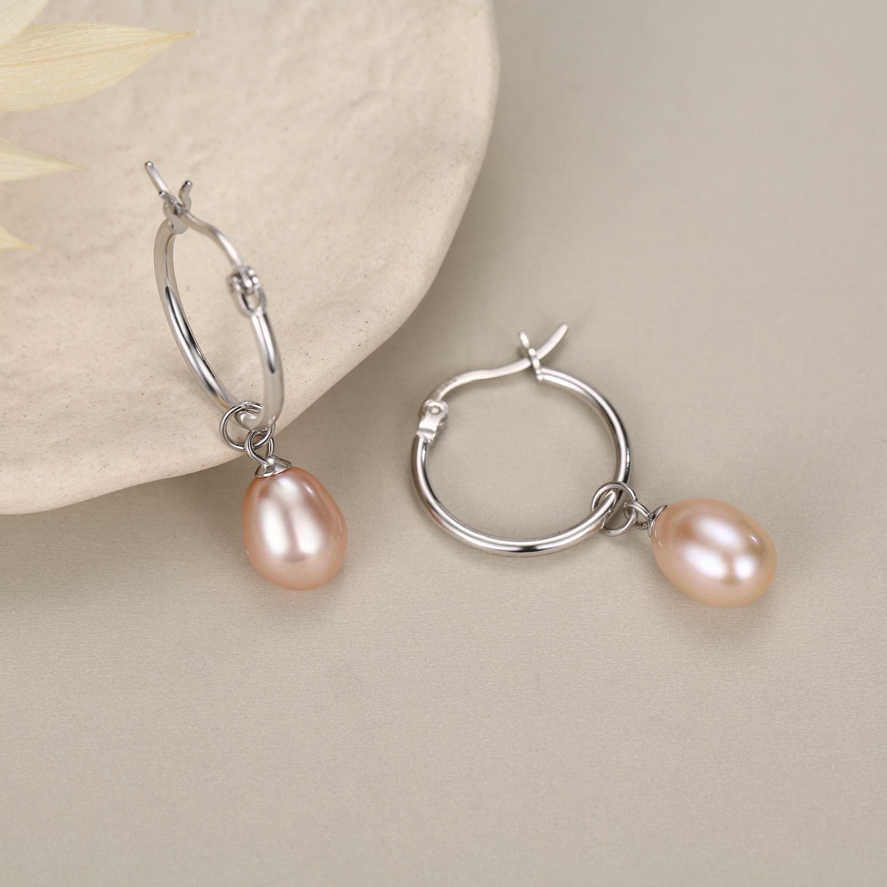 Natural Pink Freshwater Pearl Hoop Earrings in Sterling Silver