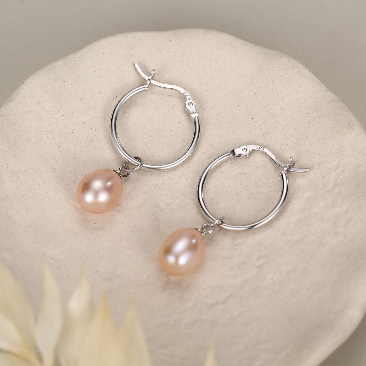 Natural Pink Freshwater Pearl Hoop Earrings in Sterling Silver