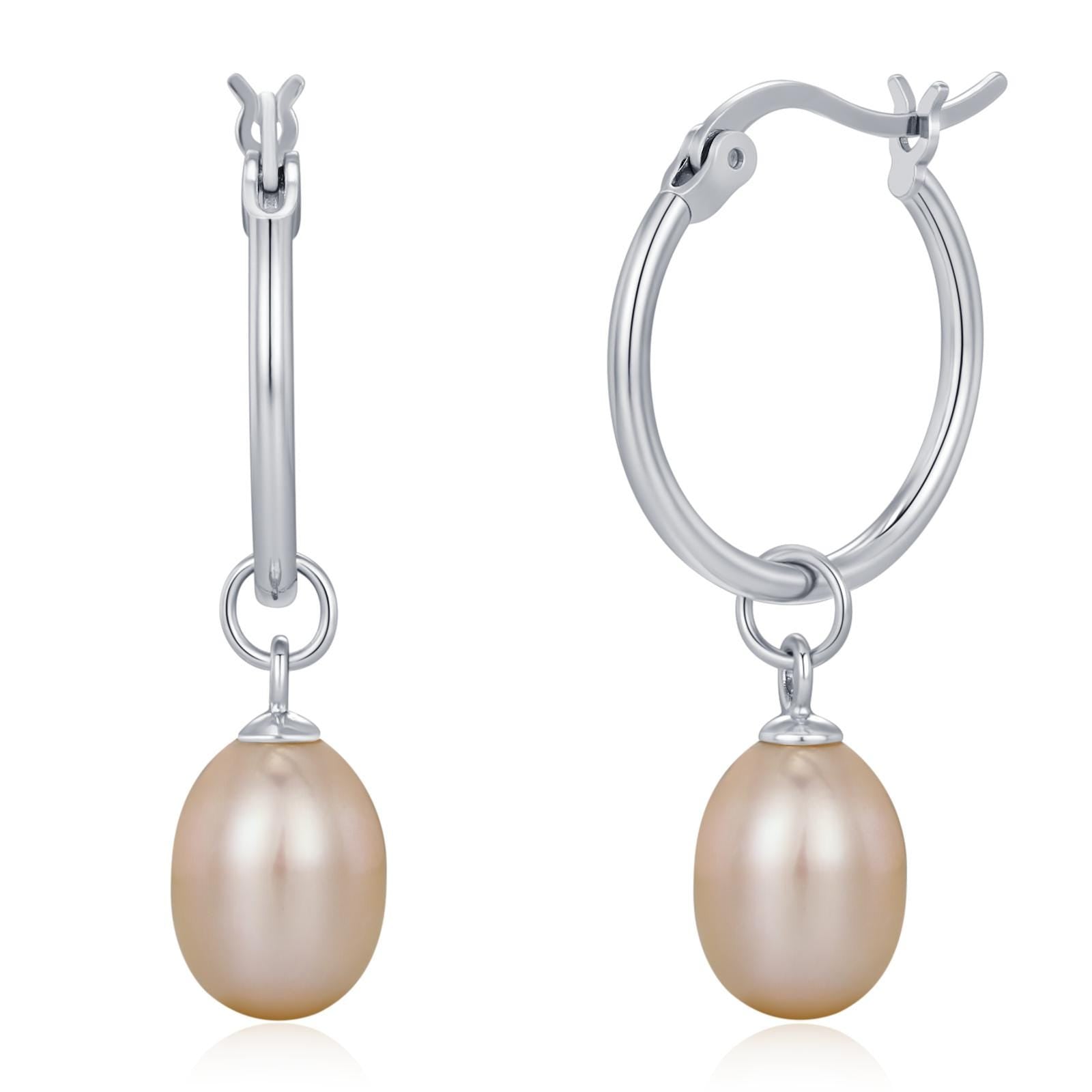 Natural Pink Freshwater Pearl Hoop Earrings in Sterling Silver