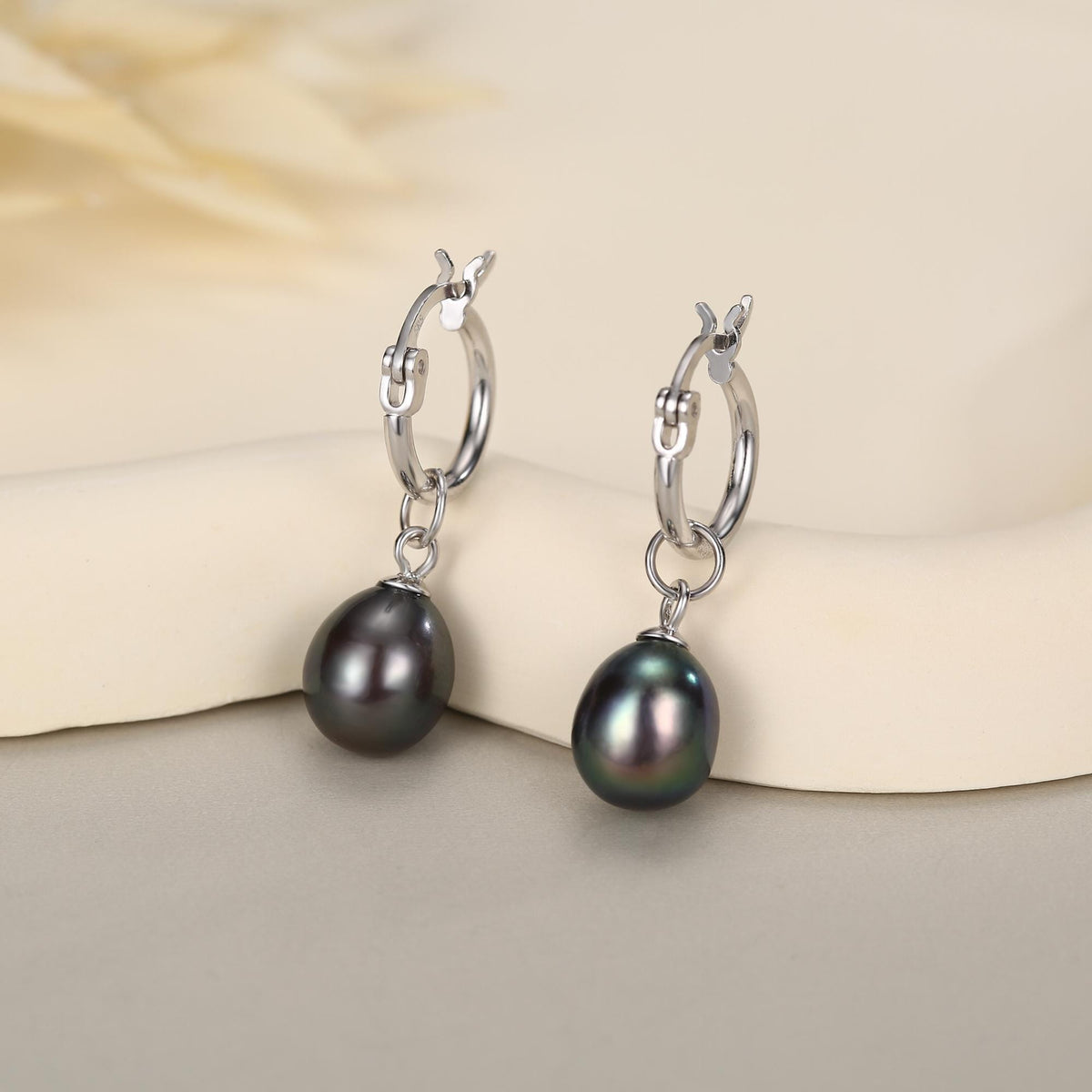 Natural Black Freshwater Pearl Huggie Hoop Earrings in Sterling Silver