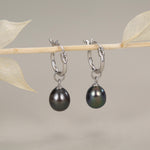 Natural Black Freshwater Pearl Huggie Hoop Earrings in Sterling Silver
