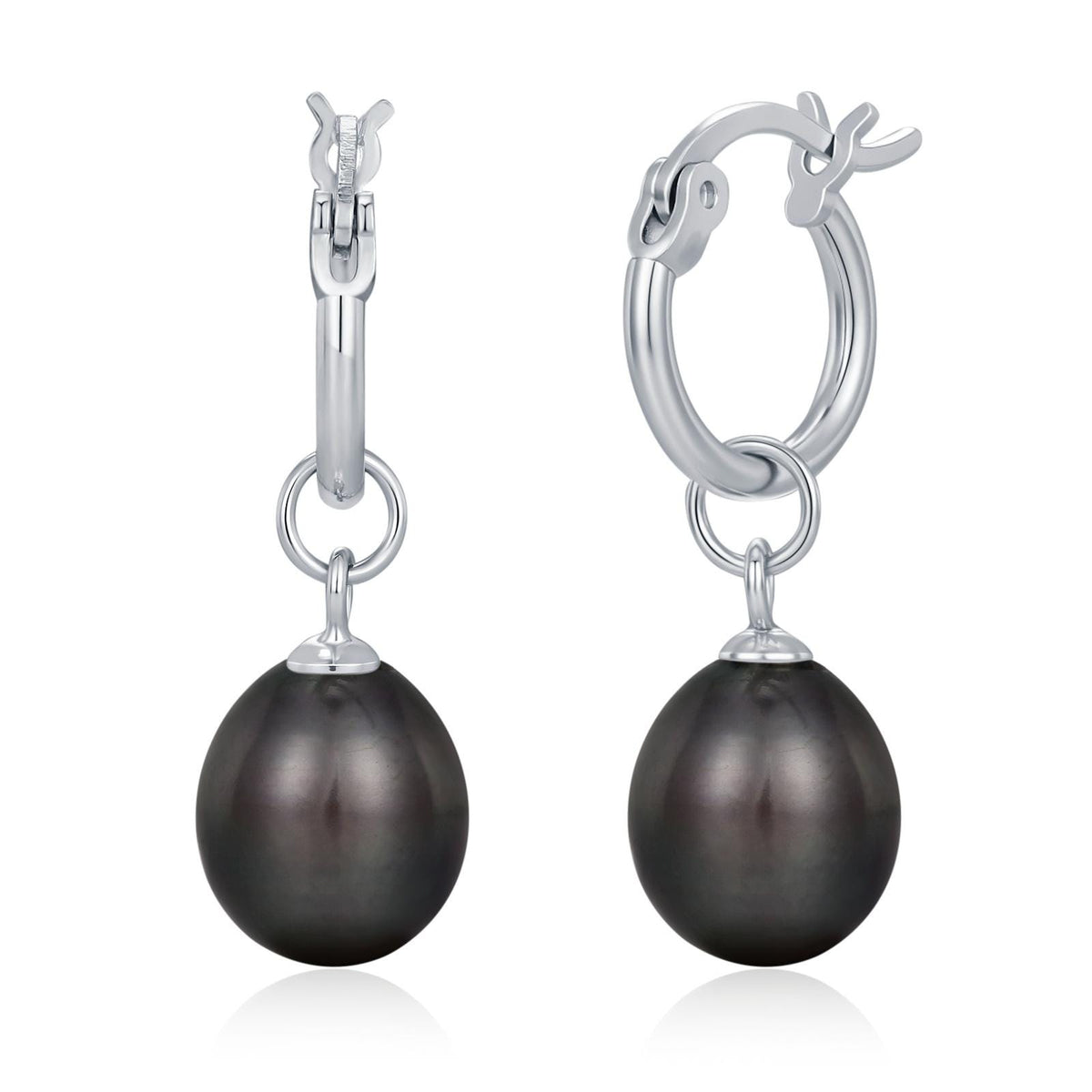 Natural Black Freshwater Pearl Huggie Hoop Earrings in Sterling Silver