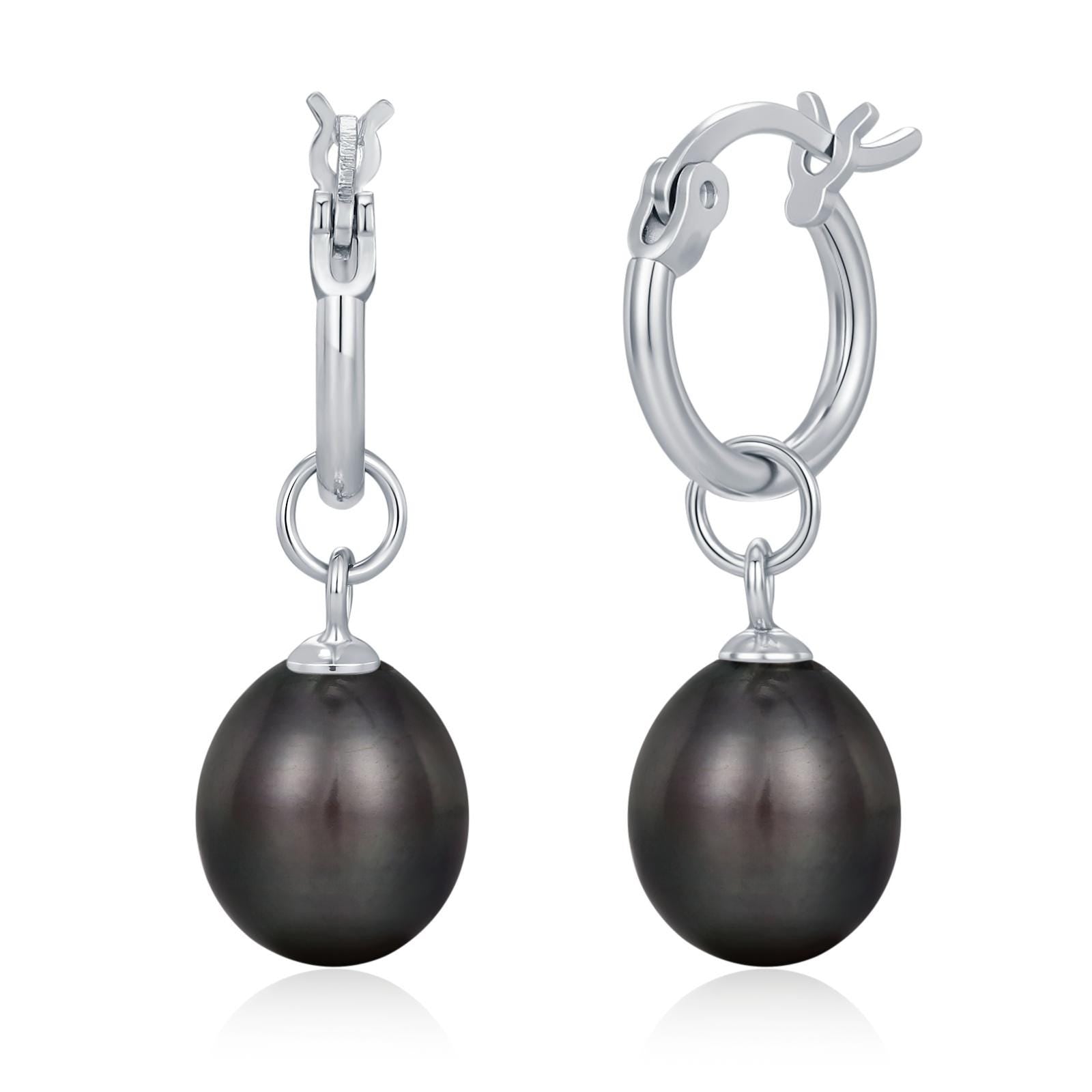 Natural Black Freshwater Pearl Huggie Hoop Earrings in Sterling Silver