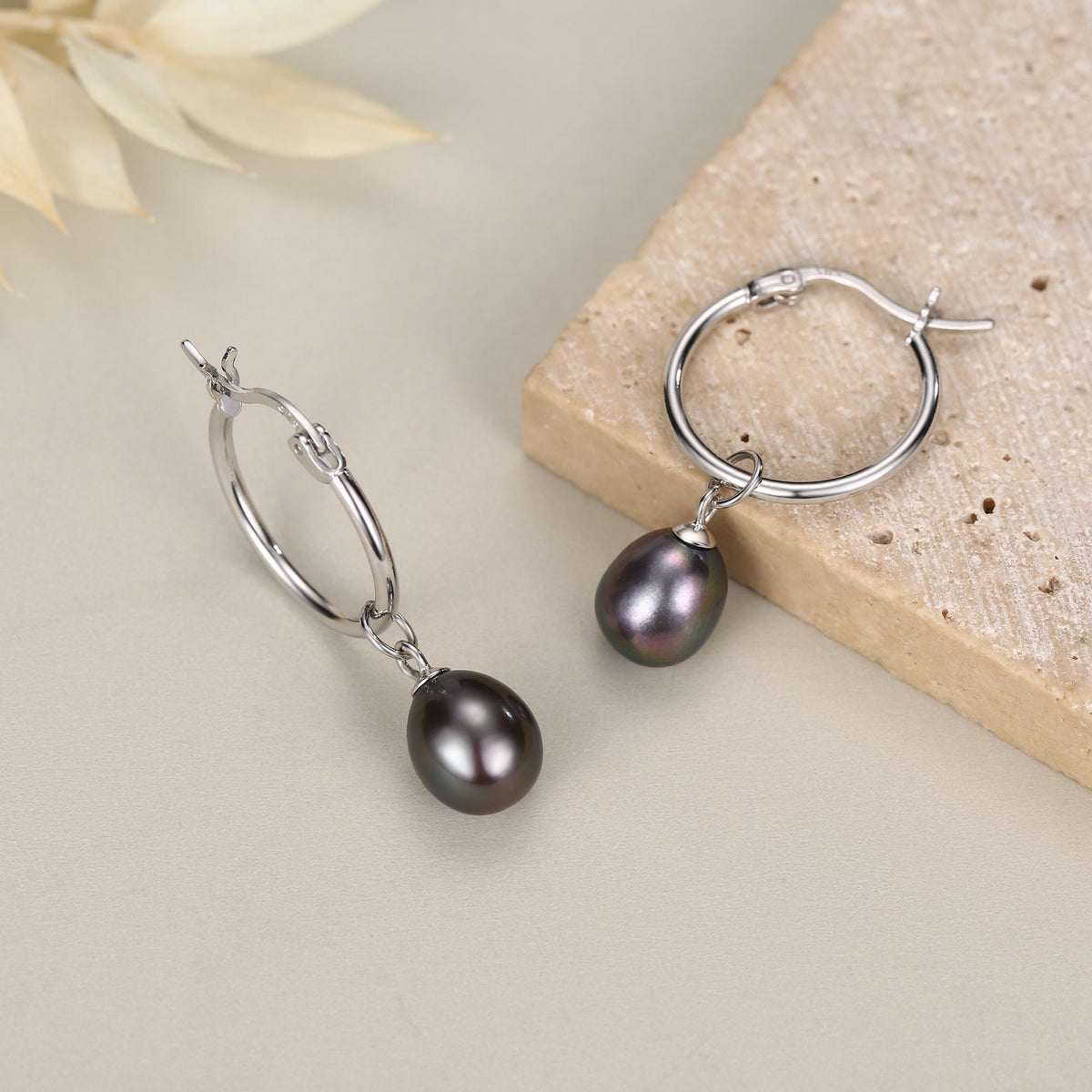Natural Black Freshwater Pearl Hoop Earrings in Sterling Silver