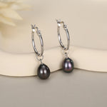 Natural Black Freshwater Pearl Hoop Earrings in Sterling Silver