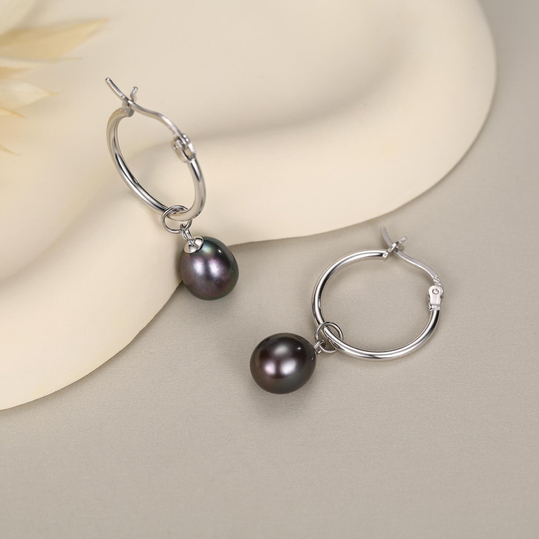 Natural Black Freshwater Pearl Hoop Earrings in Sterling Silver