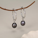 Natural Black Freshwater Pearl Hoop Earrings in Sterling Silver