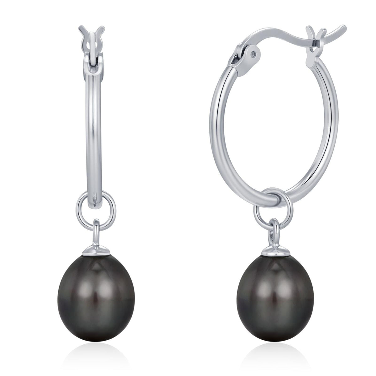 Natural Black Freshwater Pearl Hoop Earrings in Sterling Silver