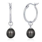 Natural Black Freshwater Pearl Hoop Earrings in Sterling Silver